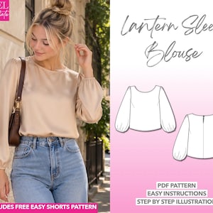 May include: A beige long-sleeve blouse with lantern sleeves and a round neckline, worn with blue jeans. The image features a technical line drawing of the blouse, with text stating "Lantern Sleeve Blouse," "Level Intermediate," and "Includes Free Easy Shorts Pattern."