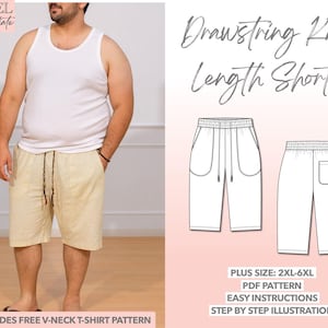 May include: A person wearing a white vest and beige knee-length shorts with a drawstring. The image also shows a line drawing of the shorts and text that says "Drawstring Knee Length Shorts". The pattern includes a free V-neck t-shirt pattern.