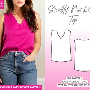 Patrón de costura superior Escote festoneado Patrón de blusa sin mangas Patrón de costura para mujer Patrón PDF Patrón de blusa sin mangas Patrón de costura superior PDF