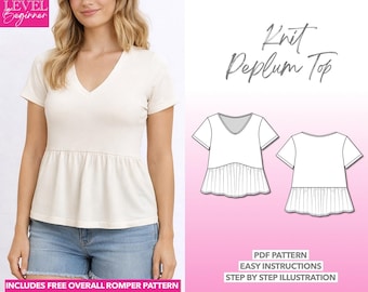 Molde de Costura para Blusa de Malha em PDF, Blusa Peplum Feminina, Molde para Camiseta, Blusa Solta, Camisa Estilo Oversized