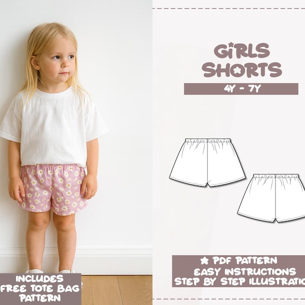 Girls Elastic Waist Shorts Sewing Pattern (4Y-7Y) (PDF Pattern)