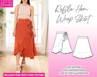 Ruffle Hem Wrap Midi Skirt Sewing Pattern (PDF Download, XS-XXXL
