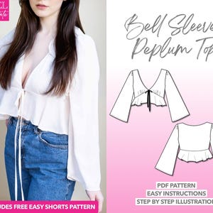 トップスの縫製パターン ベルスリーブ タイフロント ペプラムトップス PDF パターン 女性用縫製パターン ブラウスパターン かわいいトップスの縫製パターン ペプラムトップス PDF