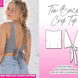 Könnte beinhalten: Ein Schnittmuster für ein schwarz-weiß kariertes Crop-Top zum Binden am Rücken. Das Bild zeigt das fertige Kleidungsstück, technische Strichzeichnungen der Vorder- und Rückansicht sowie den Text Level Beginner, Tie Back Crop Top, PDF Pattern, Easy Instructions, Step by Step Illustration und Includes Free Easy Shorts Pattern.