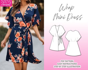 Dress Sewing Pattern Kimono Sleeve Wrap Mini Dress Pattern Women Dress Sewing Pattern Short Dress PDF Pattern Wrap Dress Pattern Summer