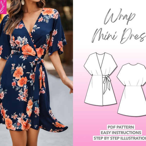 Kleid Schnittmuster Kimono Ärmel Wrap Mini Kleid Schnittmuster Damen Kleid Schnittmuster Kurzes Kleid PDF Pattern Wickelkleid Schnittmuster Sommer