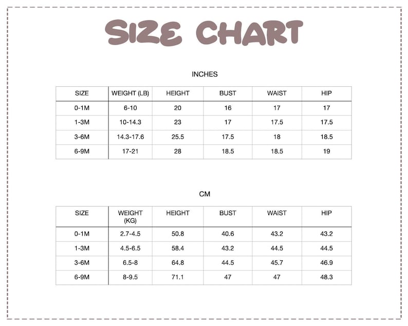 Patterns For Kidz 0m-9m size chart