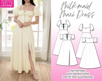 Dress Sewing Pattern Milkmaid Maxi Dress Pattern Women Sewing Pattern Party Dress PDF Pattern Prom Dress Sewing Pattern