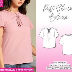 Blouse Sewing Pattern Tie Neck Puff Sleeve Top Pattern Women Blouse Sewing Pattern Ruffle Neck Blouse Pattern Workwear Blouse Sewing Pattern