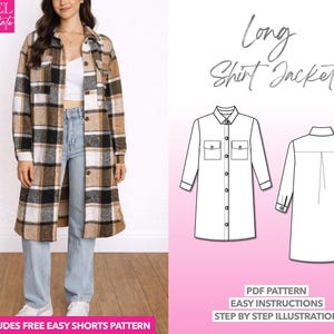 Padrão de costura para jaqueta camisa longa: casaco feminino (padrão em PDF XS-XXXL)