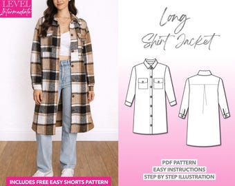 Long Shirt Jacket Sewing Pattern: Women's Shacket Coat (PDF Pattern XS-XXXL)