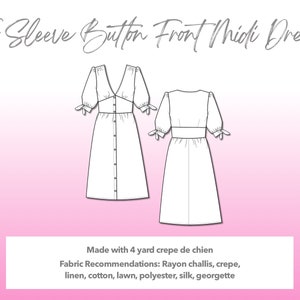 Illustration and detailed description for Tie Sleeve Button Front Midi Dress sewing pattern.