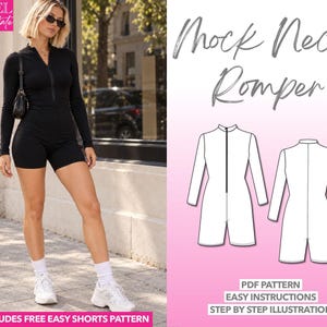 Mock Neck Romper Pattern Unitard Sewing Pattern Bodysuit Pattern Long Sleeve Romper PDF Pattern Romper Knit Body Suit Women Collared Romper
