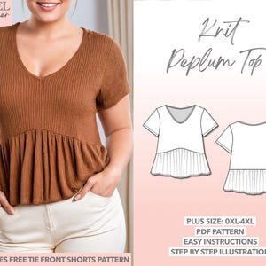 Plus Size Sewing Pattern 0XL-4XL Knit Peplum Top Pattern Women Top Sewing Pattern T-Shirt Pattern Tee Sewing Pattern Plus Size Top Pattern