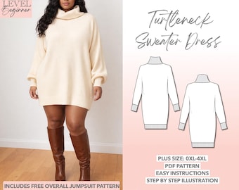Plus Sewing Pattern, Turtleneck Sewing Pattern, Plus Size Sweater Dress, 0XL-4XL, Plus Clothing Pattern, Beginner Sewing, Oversized Sweater