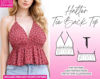 Halter Top Sewing Pattern Women Crop Top Sewing Pattern Tie Back Top for Summer Pattern Easy Sewing Pattern Open Back Top PDF Sewing Pattern