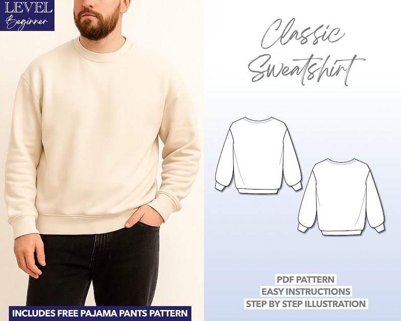 Mens Classic Sweatshirt pdf sewing pattern with easy instructions and step by step illustrations.