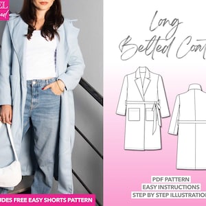 Modello di cucito per cappotto lungo con cintura: capospalla invernale da donna (modello PDF XS-XXXL)