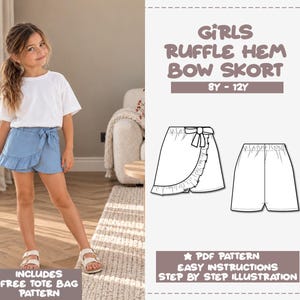 Girls Ruffle Hem Bow Skort Sewing Pattern (PDF Pattern 8Y-12Y)