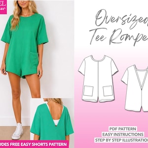 Pode incluir: Um romper tipo t-shirt verde oversize com mangas curtas, decote redondo e um bolso frontal. O design inclui uma abertura traseira em forma de V profunda. A imagem mostra a peça num modelo e como um desenho técnico com o texto Oversized Tee Romper, PDF Pattern, Easy Instructions, Step by Step Illustration e Includes Free Easy Shorts Pattern.