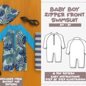 Baby Boy Zipper Swimsuit Sewing Pattern: 6M-3Y (PDF Download, Includes Bonus Tote Bag Pattern