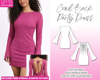Patron de couture pour robe de soirée femme PDF, patron de robe dos nu à manches cloche, patron de robe de bal, patron de mini-robe
