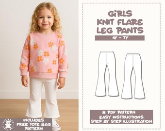 Naaipatroon gebreide broek met wijd uitlopende pijpen voor meisjes: pdf-download (maten 4Y-7Y)