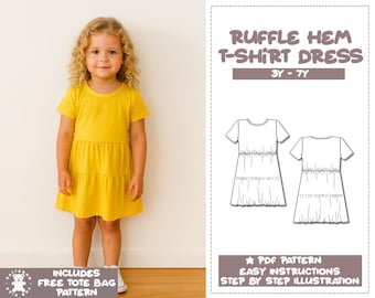 Schnittmuster für Mädchen Rüschensaum T-Shirt Kleid (PDF-Muster)