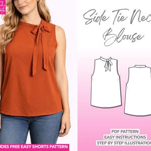 Patrón de costura de blusa con cuello anudado, blusa sin mangas, patrón PDF, blusa de oficina para mujer, blusa de trabajo, blusa profesional de estilo