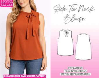 Patrón de costura de blusa con cuello anudado, blusa sin mangas, patrón PDF, blusa de oficina para mujer, blusa de trabajo, blusa profesional de estilo