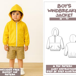 Modello di cucito per giacca con cappuccio per ragazzi 4Y-7Y (modello PDF)