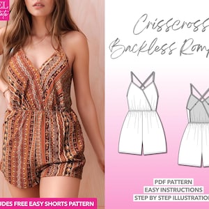 Romper Sewing Pattern Crisscross Backless Romper Pattern Cami Romper PDF Pattern Women Sewing Pattern Playsuit Pattern Summer Sewing Pattern
