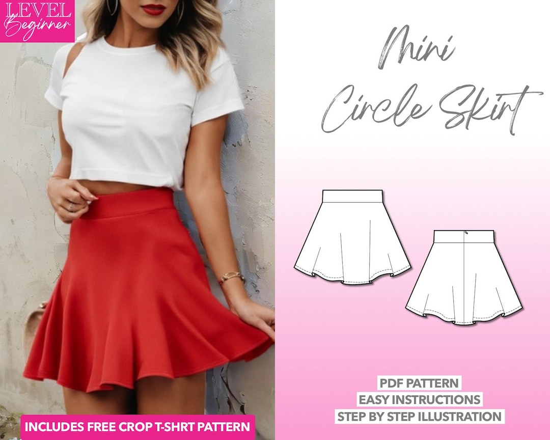 Mini Circle Skirt Sewing Pattern: Easy PDF (XS-XXXL) Bonus Crop