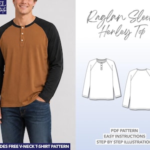 Mens Henley Tee Shirt Sewing Pattern Beginner Friendly T-Shirt Raglan Tee Shirt Long Sleeve Shirt PDF Pattern Easy Sewing Project for Men