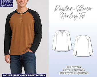 Mens Henley Tee Shirt Sewing Pattern Beginner Friendly T-Shirt Raglan Tee Shirt Long Sleeve Shirt PDF Pattern Easy Sewing Project for Men