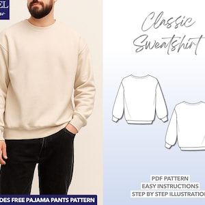 Modello di cucito per felpa classica da uomo: pullover con spalle scese (modello PDF dalla S alla XXL)