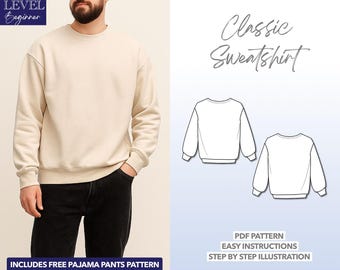 Men's Classic Sweatshirt Sewing Pattern: Drop Shoulder Pullover (PDF Pattern S-XXL)