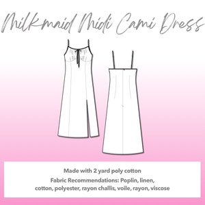 Illustration and detailed description for Milkmaid Midi Cami Dress sewing pattern. Made with 2 yard poly crepe de chine. Other Fabric Recommendations: polyester, rayon, viscose, rayon challis, satin, charmeuse, cotton.