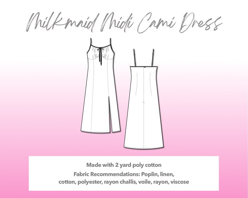 Illustration and detailed description for Milkmaid Midi Cami Dress sewing pattern. Made with 2 yard poly crepe de chine. Other Fabric Recommendations: polyester, rayon, viscose, rayon challis, satin, charmeuse, cotton.
