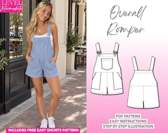 May include: A light blue overall romper with a front bib pocket and side pockets. The image includes a technical line drawing of the garment, the text Overall Romper, PDF Pattern, Easy Instructions, Step By Step Illustration, and Level Intermediate.