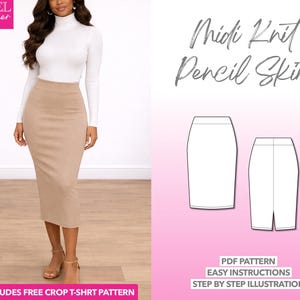 Midi Knit Pencil Skirt Sewing Pattern: Easy PDF (XS-XXXL) + Bonus T-Shirt