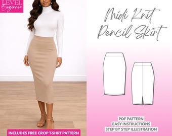 Naaipatroon midi gebreide kokerrok: Easy PDF (XS-XXXL) + bonus-T-shirt