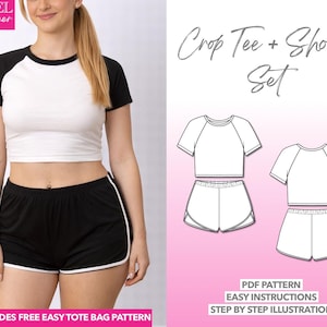 Raglan Sleeve Crop Top Sewing Pattern Dolphin Shorts Sewing Pattern Beginner Friendly PDF Pattern Women Crop Tee Shirt Pattern Knit Shorts
