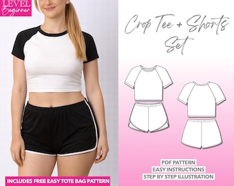 Raglan Sleeve Crop Top Sewing Pattern Dolphin Shorts Sewing Pattern Beginner Friendly PDF Pattern Women Crop Tee Shirt Pattern Knit Shorts