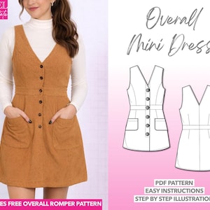 Button Down Overall Dress pdf sewing pattern with easy instructions and step by step illustrations.