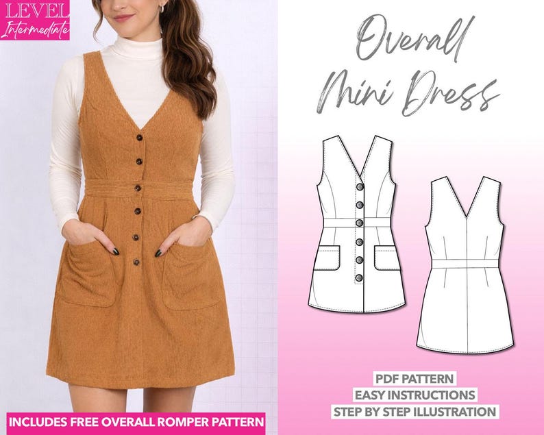Button Down Overall Dress pdf sewing pattern with easy instructions and step by step illustrations.