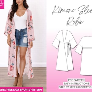 Patrón de costura para bata con mangas de kimono, bata larga (patrón PDF)