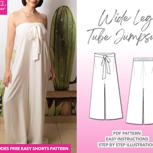 Jumpsuit Sewing Pattern Wide Leg Tube Jumpsuit PDF Pattern Women Sewing Pattern Summer Jumpsuit Pattern Tube Top Playsuit Sewing Pattern PDF