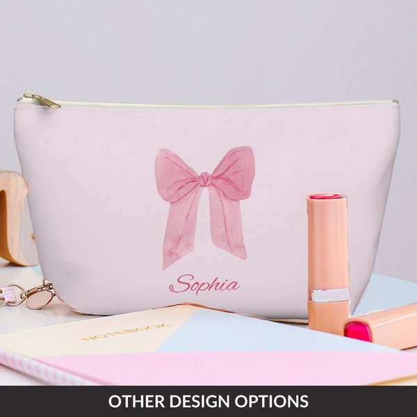 Personalized Coquette Makeup Bag With Pink Bow Pattern and Custom Name for Bridesmaid, Bride and Bachelorette Gift