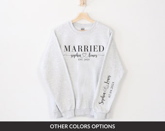 Personalized Married Couple Matching Sweatshirt Honeymoon Gift Idea from Friend, Custom Names on Sleeve Unique Wedding Anniversary Gift